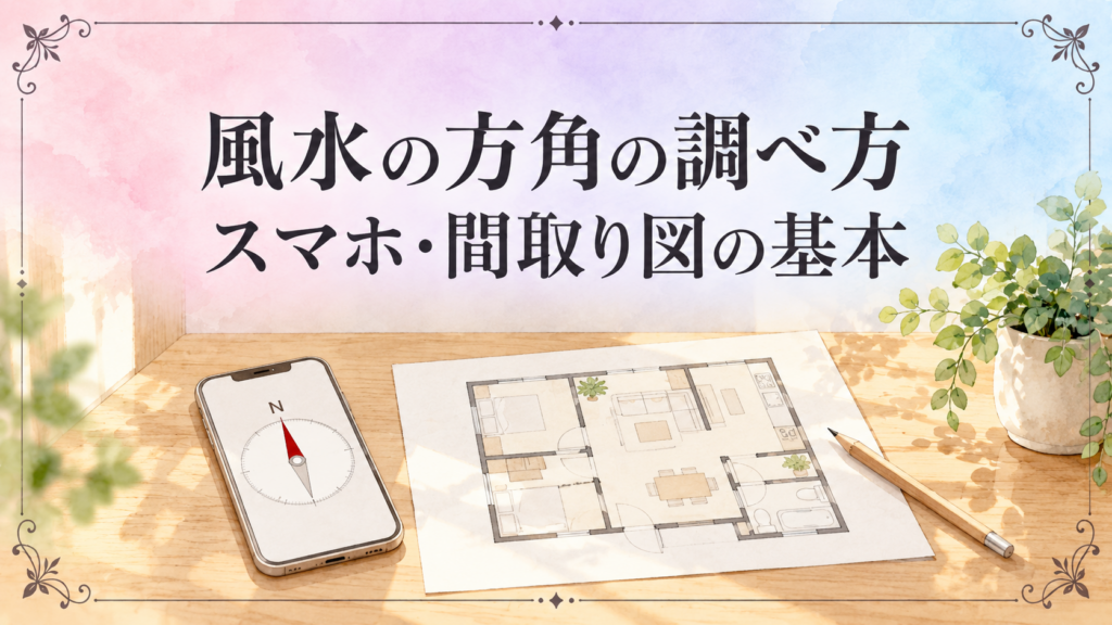 風水の方角の調べ方。スマホのコンパスと間取り図を使って確認するイメージ